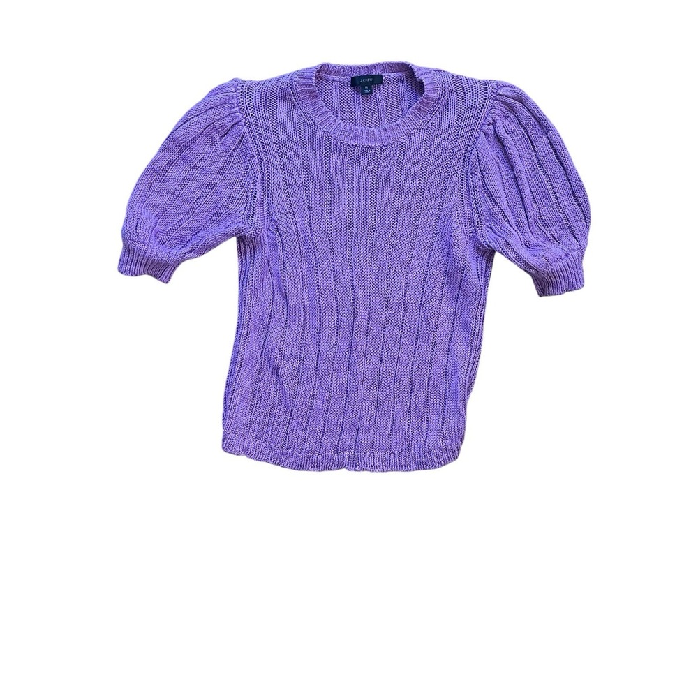 J. Crew Puff Sleeve Linen Sweater Womens Purple Ribbed, Size Medium‎